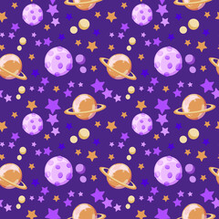 Naklejka premium Seamless pattern on a white background. Planets and stars. Saturn. Vector in flat style. Space elements. Space day. Suitable for children's textiles, packaging.