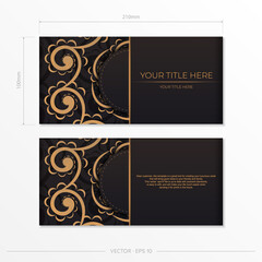 Rectangular vector postcard in black color with Indian ornaments. Invitation card design with mandala patterns.