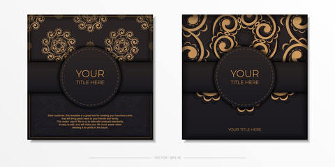 Fototapeta na wymiar Square Vector Preparing postcards in black color with Indian patterns. Template for print design invitation card with mandala ornament.