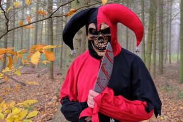  Halloween holiday.scary harlequin. evil jester with a knife in the autumn misty forest.Evil scary...