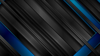 Obraz premium Black and blue glossy stripes abstract tech background