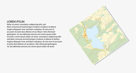 Imaginary topographic map of territory with rivers, lakes and roads