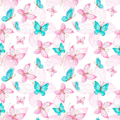 Cute butterflies hand drawn watercolor seamless pattern. Animalistic design raster texture. Nursery fabric