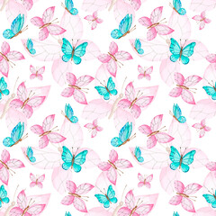 Cute butterflies hand drawn watercolor seamless pattern. Animalistic design raster texture. Nursery fabric