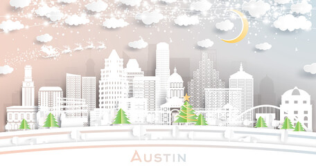 Austin Texas City Skyline in Paper Cut Style with Snowflakes, Moon and Neon Garland.