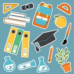 Set of stickers on the school theme. Pencil, brush, backpack, beakers, books, folders, webcam, ruler, houseplant, Graduate cap.	
