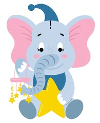 Cute hand-drawn elephant with stars. Vector illustration. White background, isolate.	