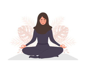 Abdominal breathing. Arab woman practicing belly breathing for relaxation. Breath awareness yoga exercise. Meditation for body, mind and emotions. Spiritual practice. Flat cartoon vector illustration.