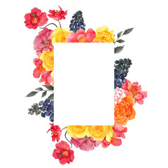 Watercolor frame with rainbow flowers and leaves, isolated on white background