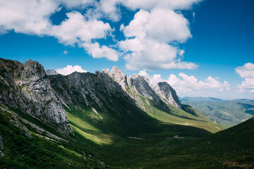 High altitude mountain landscape under blue sky
