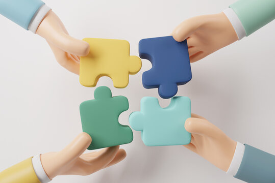 Hand of people connecting jigsaw puzzle. Symbol of teamwork, Business strategy concept. cooperation, partnership. 3d render.
