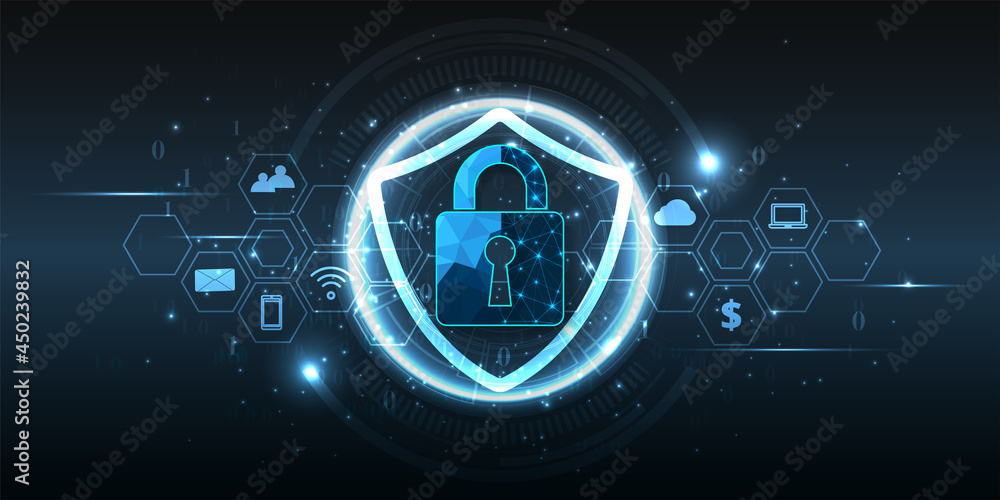 Poster Internet security concept.Security of protect Internet computer virus attack with Padlock  lock icon on blue abstract background.