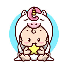 A CUTE BABY IN A WHITE  UNICORN COSTUME IS SITTING AND BITING A STAR. CARTOON ILLUSTRATION.