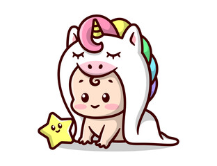 CUTE BABY IN WHITE UNICORN COSTUME WITH A LITTLE STAR. CARTOON ILLUSTRATION.