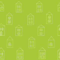houses seamless pattern. hand drawn doodle. vector, scandinavian, minimalism. building, street. textiles, wrapping paper, wallpaper, background.