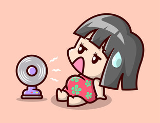 CUTE PREGNANT MOM IS FEELING HOT AND TURNING ON THE ELECTRIC FAN. CARTOON ILLUSTRATION.