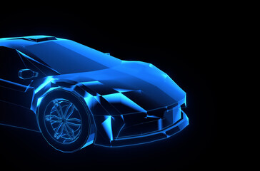  Future cyberpunk Wireframe 3D Car Illustration. Sci-fi futuristic supercar with glow style.