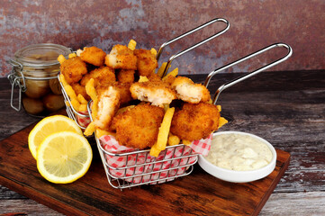 Scampi and French fries meal in wire serving baskets with tartar sauce