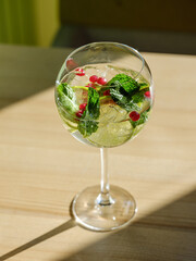 Summer drink cocktail with alcohol and ice on interior cafe or bar background with copy space for text menu or ingredient for bartender cooking 