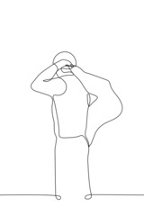 man puts on a jacket - one line drawing. man stands with a swing throws a jacket on his back