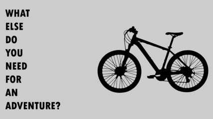 Vector silhouette art of a bicycle with vertical typography on the left side. Simple banner or poster illustration for an adventure club. 