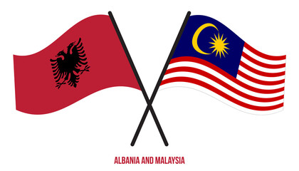 Albania and Malaysia Flags Crossed And Waving Flat Style. Official Proportion. Correct Colors.