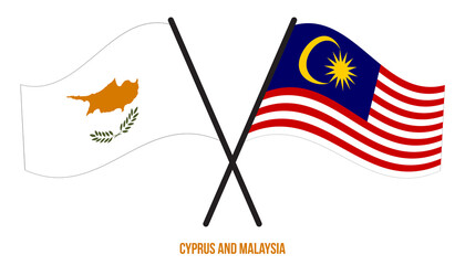 Cyprus and Malaysia Flags Crossed And Waving Flat Style. Official Proportion. Correct Colors.