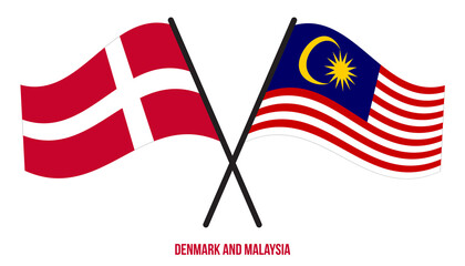 Denmark and Malaysia Flags Crossed And Waving Flat Style. Official Proportion. Correct Colors.