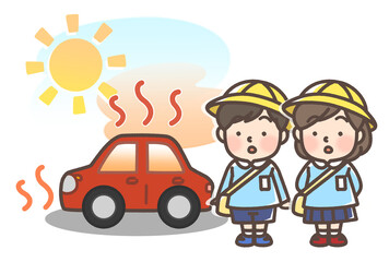 炎天下で暑くなっている車と子供