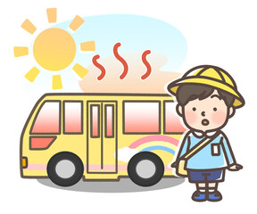 炎天下で暑くなっている幼稚園バスと園児 - obrazy, fototapety, plakaty