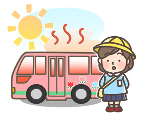 炎天下で暑くなっている幼稚園バスと園児