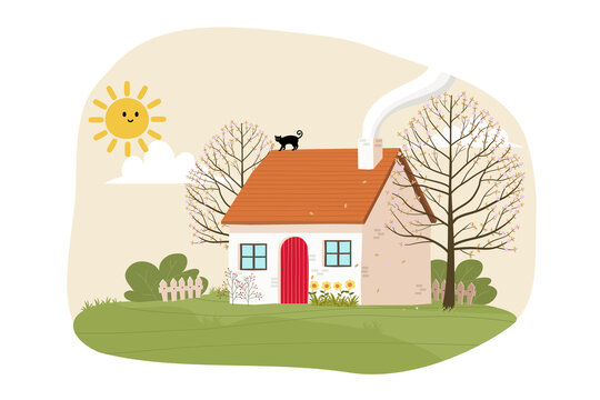 illustration of colorful autumn house landscape with fram home and grass land on hill,Natural foliage background in fall seson with beautiful,Cute cartoon ,cat on the roof, smoke from chimney.