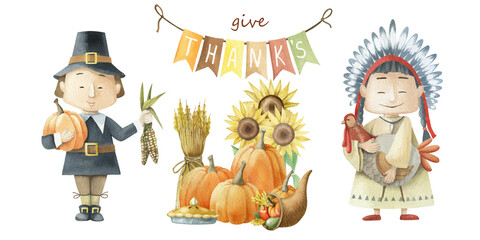 Thanksgiving day. Watercolor hand-drawn illustration. Autumn holidays.  Thanksgiving card. 