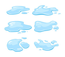 Fototapeta premium Water spill, puddles set on a white isolated background. Blue autumn natural liquid on the ground. Clean water. Vector illustration