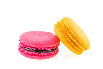 Colorful macarons on white background. Macaron or Macaroon is sweet meringue-based confection.