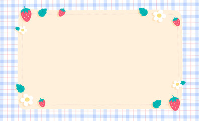 Cute Ornament Element Strawberry Leaf Flower Fruit Pastel Blue Gingham Pattern Paper Background Frame Border. Blank note Vector Illustration. Editable Stroke.