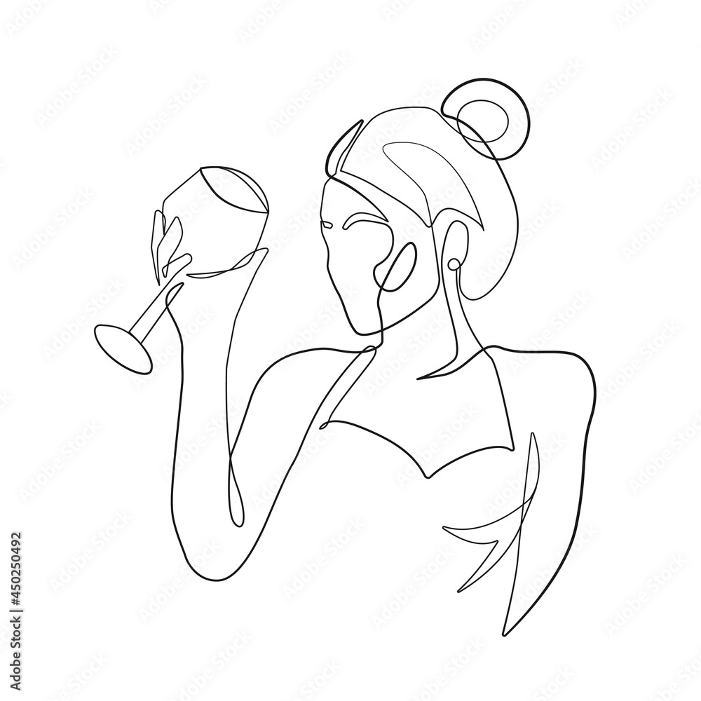 Wall mural Woman Drinks Wine Line Art Drawing. Girl Drinks Champagne Abstract Linear Silhouette on White. Woman with Glass Modern Line Drawing for Glamour Logo Minimal Style, Wine Label Design. Vector EPS 10
