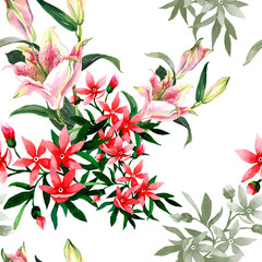 Pink liliea and red wildflowers bouquet watercolor on white background seamless pattern for all prints.
