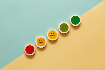 Rating feedback scale on green and yellow background. Service rating, satisfaction concept