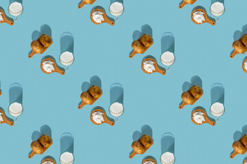 Powdered vegan milk made from potatoes. Flat lay. Blue background. Pattern