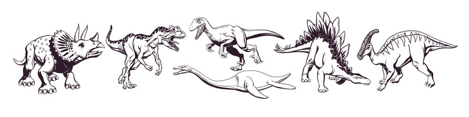 Hand drawing of a group of cute cartoon dinosaurs for printing on t-shirts, mugs, bags and designs. Vector illustration.