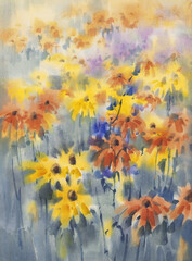 Plakat Yellow and orange summer flowers watercolor background