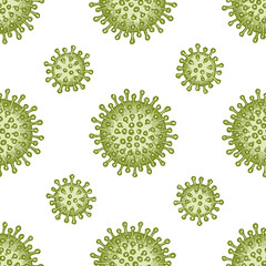 Seamless pattern with hand drawn pastel coronavirus bacteria cell