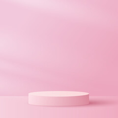 Podium platform to show product and natural light on pink background. Paper cut and craft style illustration