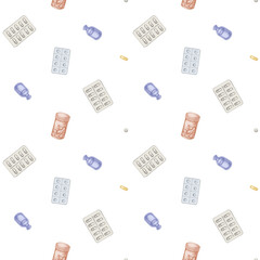 Seamless pattern with hand drawn pastel pills and medicines