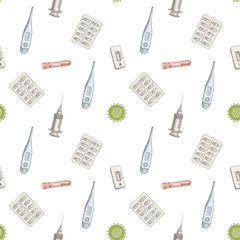 Seamless pattern with hand drawn pastel vial of blood, pills and medicines, medical thermometer, coronavirus rapid test, coronavirus bacteria cell, syringe
