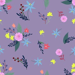 Fototapeta na wymiar Cute seamless pattern with decorative flowers and plants on a violet background. Vector Illustration