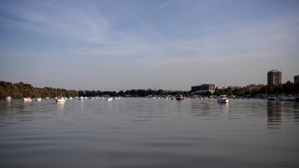 Fototapeta premium Serbia - View of the Danube River between Great War Island and Zemun with a lot of anchored boats