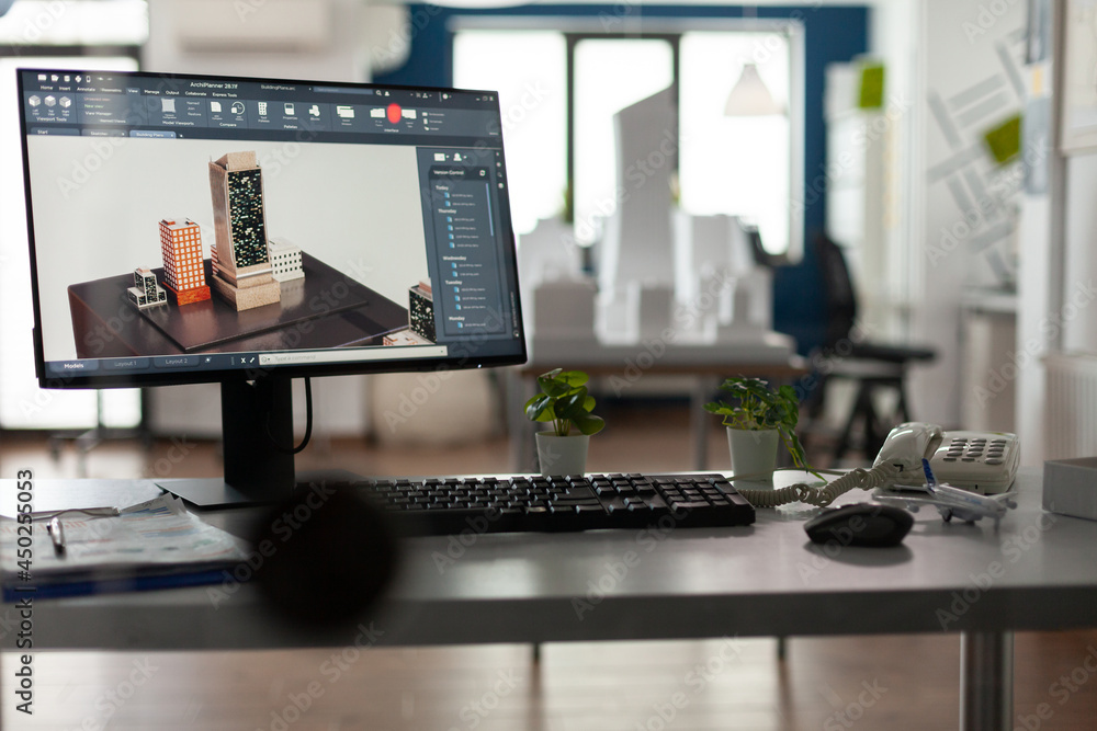 Aufkleber empty office for architects with computer on desk board blueprint technology equipment. table for ar