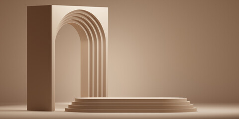Minimal background.arch podium with brown background for product presentation. 3d rendering illustration.
